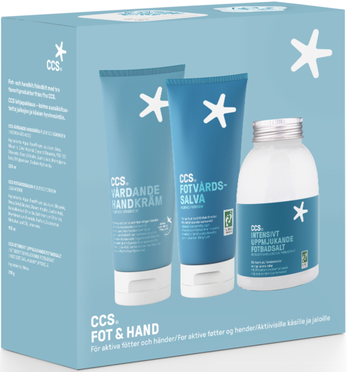 Tre tuber av lotion eller kräm och en burk med blå och vita etiketter, med en stjärfishymbol och text.