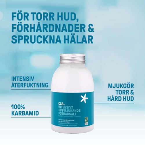 Tekstipohjainen mainos jalkavoiteesta, korostaen vaikutuksia kuivalle, sitkeälle ja halkeilevalle iholle ja avainraaka-aineita.