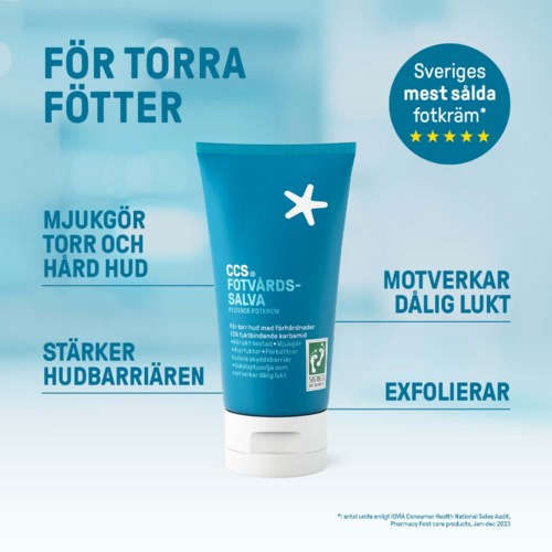En blå tub med fotvårdsalva märkt CCS Foot Care Salva, med text som framhäver fördelar som att mjuka upp huden och motverka dålig lukt.