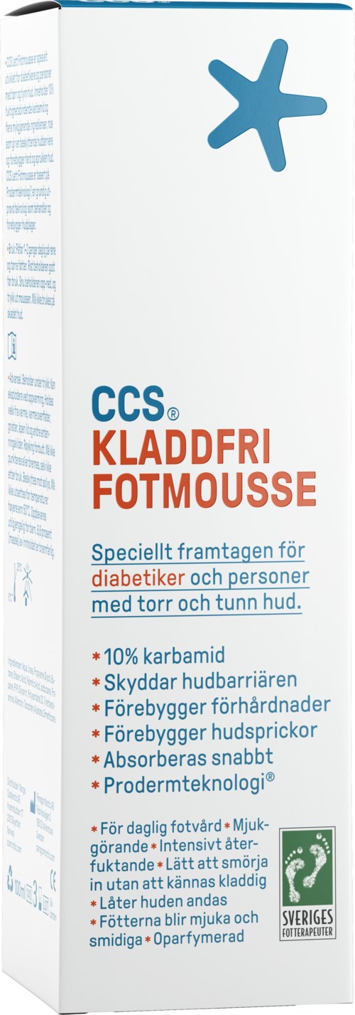 Förpackning med fotmousse med blå stjärnlogga, innehåller ingredienser för torr hud,stödjer barriär, förhindrar utslag, absorberar snabbt.
