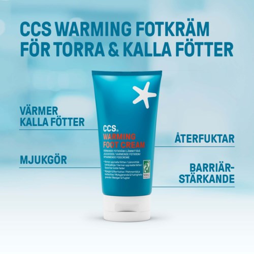 En tube med CCS varmende fottkrem for tørre og kalde føtter, med fordeler som varme, fuktighet og barrierestyrking.