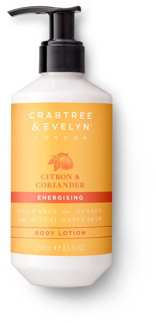 En vit flaska med pump märkt 'Crabtree & Evelyn London, Citron & Coriander, Energiande kroppslotion,' 250ml.
