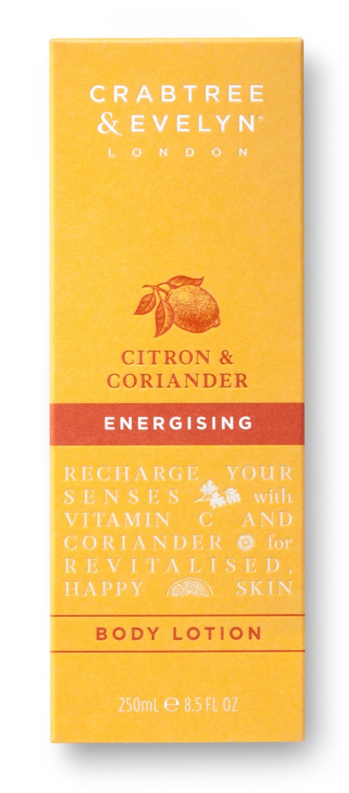 Gult paket med kroppslotion med citronsmak och koriander, som tydligen ger energi och fräschar upp huden. 250 ml.