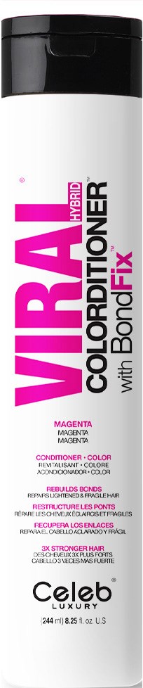 En lång vit flaska med svart lock och rosa och svarta text, märkt Wella Wella Color Conditioner med Bond Fix.