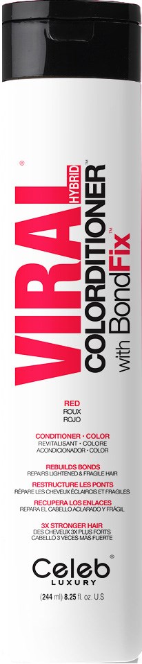 En lång vit flaska med svart lock märkt 'VIRAL Color Conditioner with BondFix' i röd och svart text.