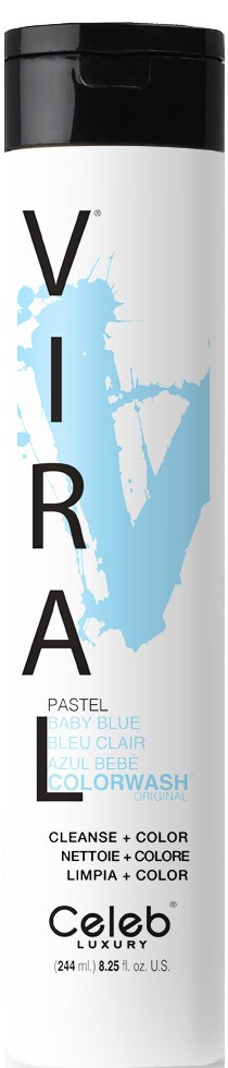 En lang hvit beholder med svart lokk, merket 'VIRA' og 'Pastel Baby Blue', for rengjøring og fargevask.