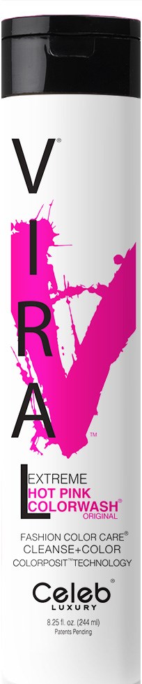 En flaske merket 'VIRA' med rosa malingssprut-design og tekst om hårfargepleie og vask.
