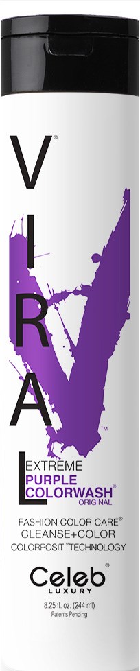 En høy boks med Violet sjampo med svart lokk, lilla spredesign og tekst om hårpleie og fargeskjerming.