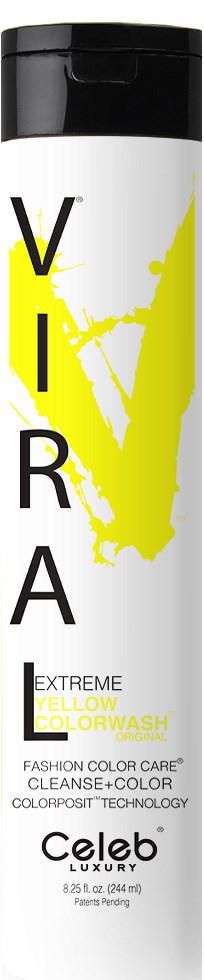 VIRA Extreme gult sjampoflask med svart lokk og gul splashedesign.