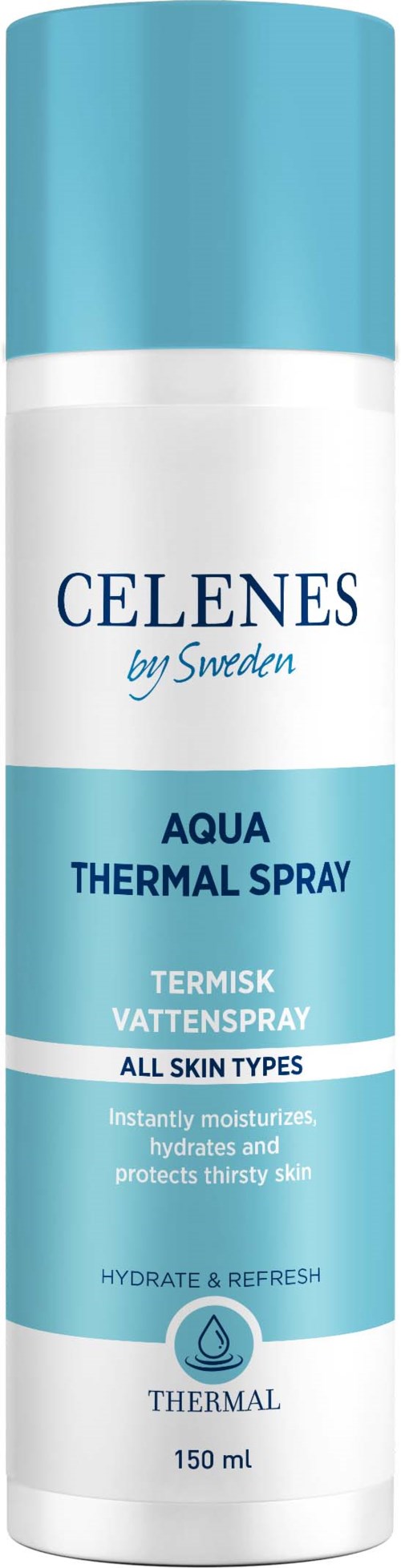 CELENES Aqua Thermal Spray -pullo, 150 ml, kaikille ihotyypeille kosteuttaakseen ja suojatakseen ihoa.