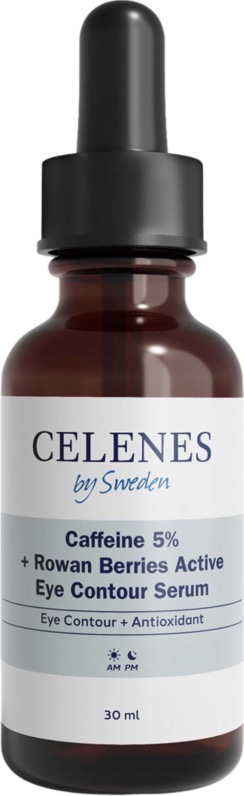 En liten mørk flaske med dråpeteller, merket som øyekrem med koffein og bær, 30 ml størrelse.