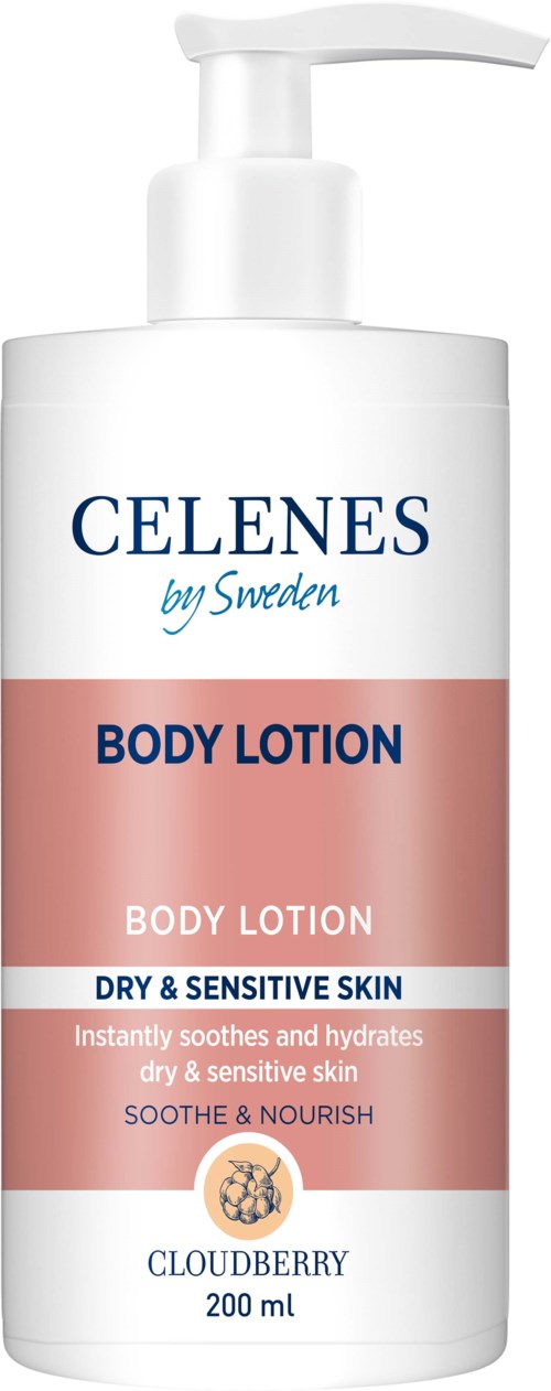 Celenes vartalovoide kuivalle ja herkkäihoiselle, välittömästi rauhoittava ja kosteuttava, puolukoilla, 200 ml.