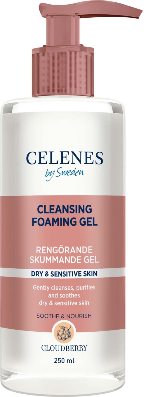 Valkoinen pullo, jossa vaaleanpunainen pumppu, merkki 'Celenes by Sweden' ja 'Cleansing Foaming Gel' herkkäihoisille.