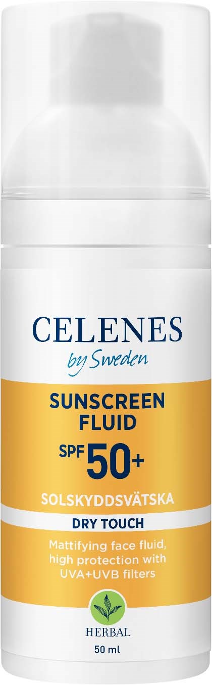 Valkoinen pullo, jossa on sininen ja keltainen etiketti, sisältää SPF 50+ auringonvoide (kuivan ihon), yrttipohjainen, 50 ml.