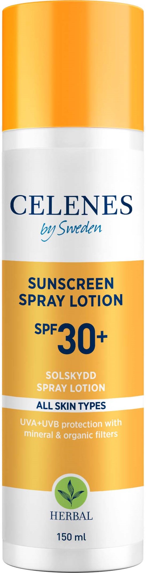 Aurinkosuojan suihkelotion pullo, SPF 30+ ja yrttivaihtoehdot, kaikille ihotyypeille, Ruotsista.