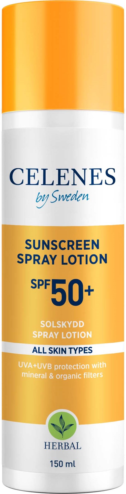 Keltainen ja valkoinen aurinkosuojel.AUTO lotion pullo, SPF 50+ kaikille ihotyypeille, merkitty yrttilääkkeeksi, 150 ml.