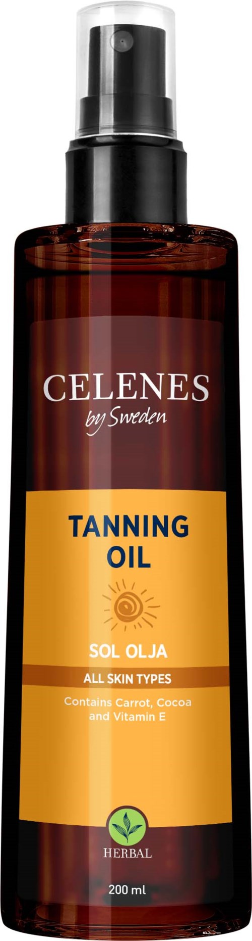 En brun flaska med etiketten Tanning Oil, med sprayhatt, innehållande örtkareform produkt.