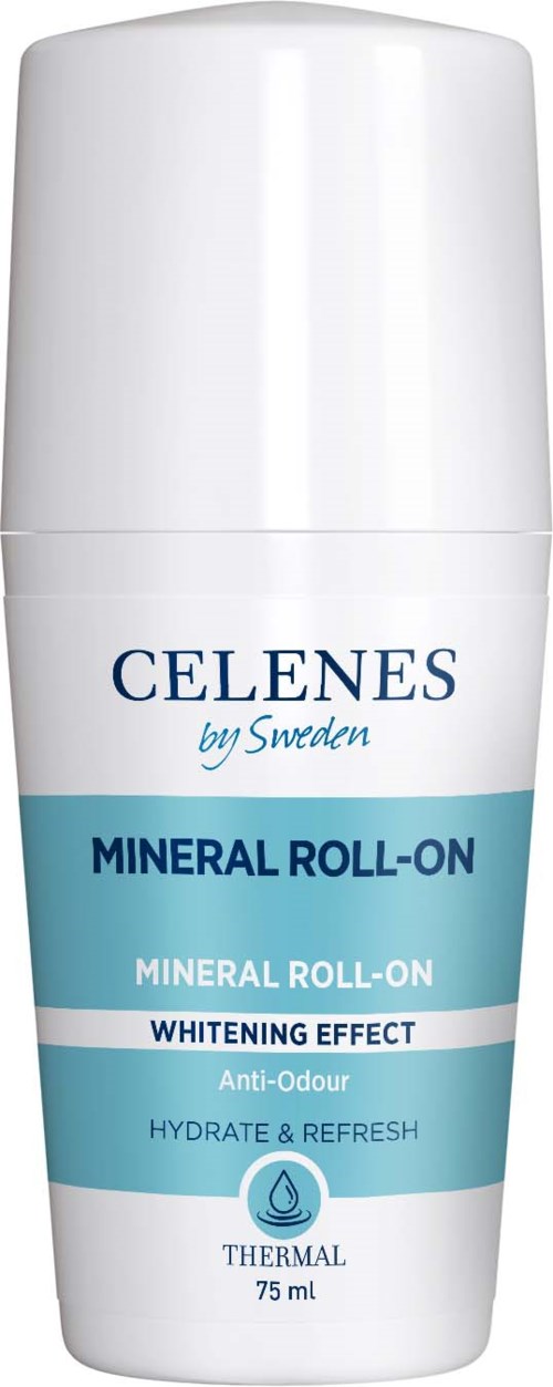 Valkoinen rullasäiliö, jossa on sininen teksti, nimeltä 'Celenes Mineral Roll-On' ja tarjoaa kirkastusta ja kosteutusta.