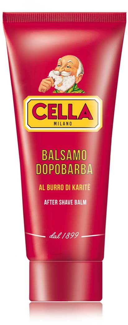 Czerwony tubka z balsamem po goleniu z mikołajem i logo Cella Milano, tekst po włosku o składnikach i użyciu.