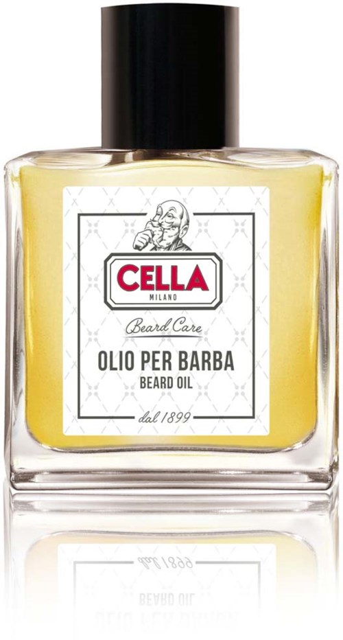 Butelka oleju do brody z czarnym korkiem, etykieta mówi Cella Milano, Beard Care, olej do brody, prosty design.