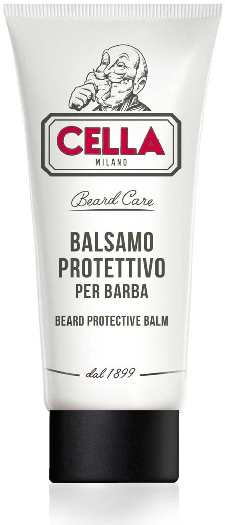 Biała tubka z czarną zakrętką, oznaczona Cella Milano Beard Care, zawiera balsam ochronny do brody, z logo mężczyzny z brodą.