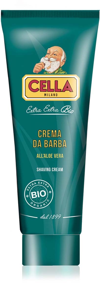 Groene tube scheerschuim met een logo van een bebaarde man, gelabeld in het Italiaans, met organische aloë vera ingrediënten.