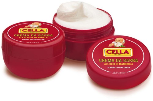 Czerwony słoik kremu do golenia z białą zawartością, oznaczony 'Cella' i 'crema da barba', włoska marka od 1899.