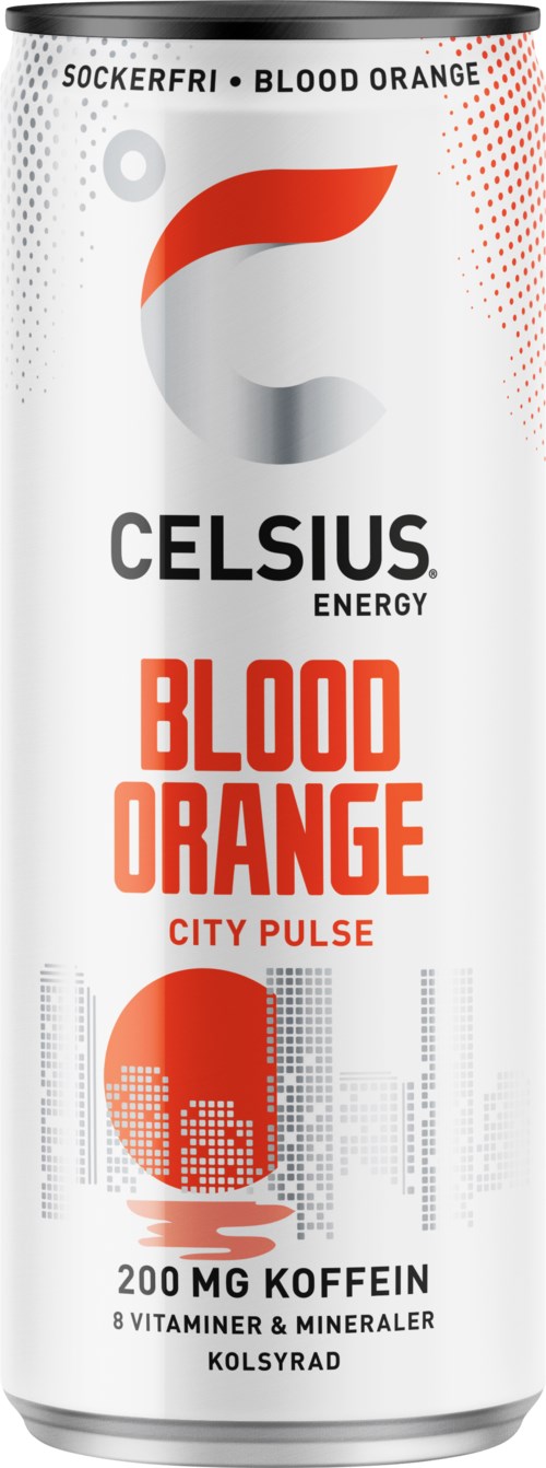 En vit energidryck på burk med röd och svart text, visar smaken 'Blood Orange' och information om koffein och vitaminer.