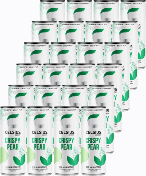 Burkar med vit och grön etikett som säger 'Celsius Crispy Pear' och '200 mg Koffein'. De är ordnade i en pyramid.