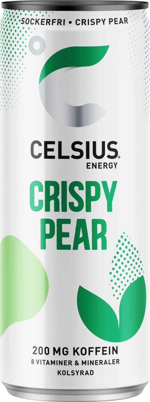 Burkar märkta Celsius Crispy Pear energidryck med grön och vit design, nämner 200 mg koffein, vitaminer och mineraler.