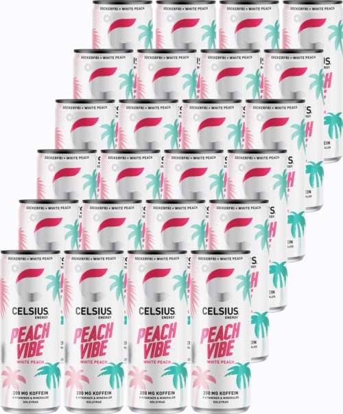 Flera burkar med Celsius Peach Vibe energidryck med rosa och turkos design. Har en palm och våg grafik.