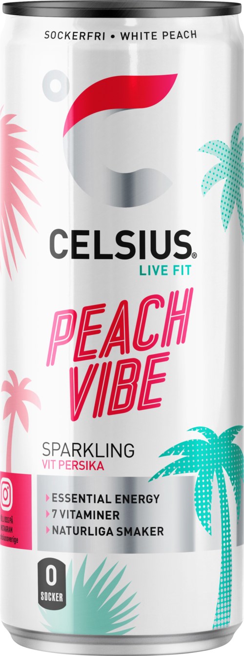 Burkar med Celsius Peach Vibe spritekaffe med palmer och ljusa färger. Innehåller vitaminer och energi. Inget socker.