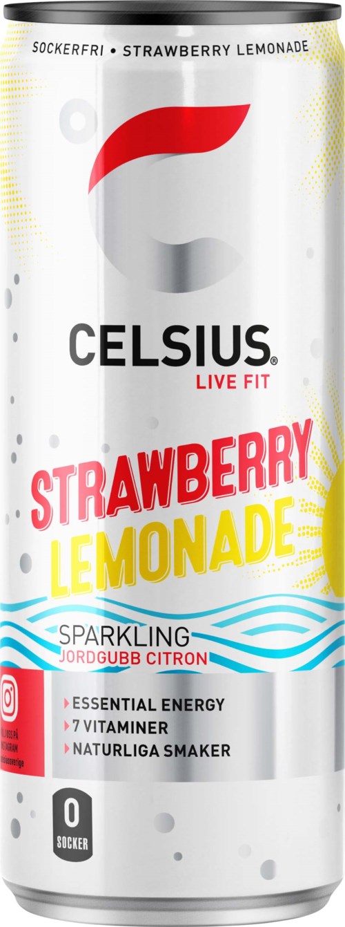 Eine Dose Celsius Strawberry Lemonade Sprudelgetränk mit Sonne, Wellen und hellen Farben.