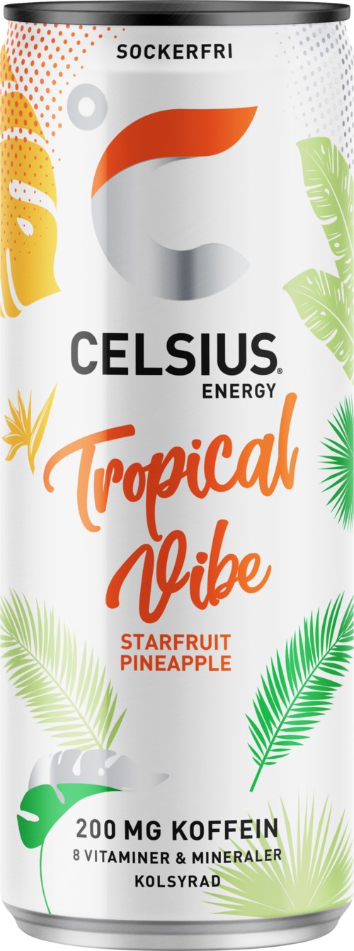 A can of Celsius energy drink with tropical themes, including pineapples, leaves, and bright colors for flavor and energy.