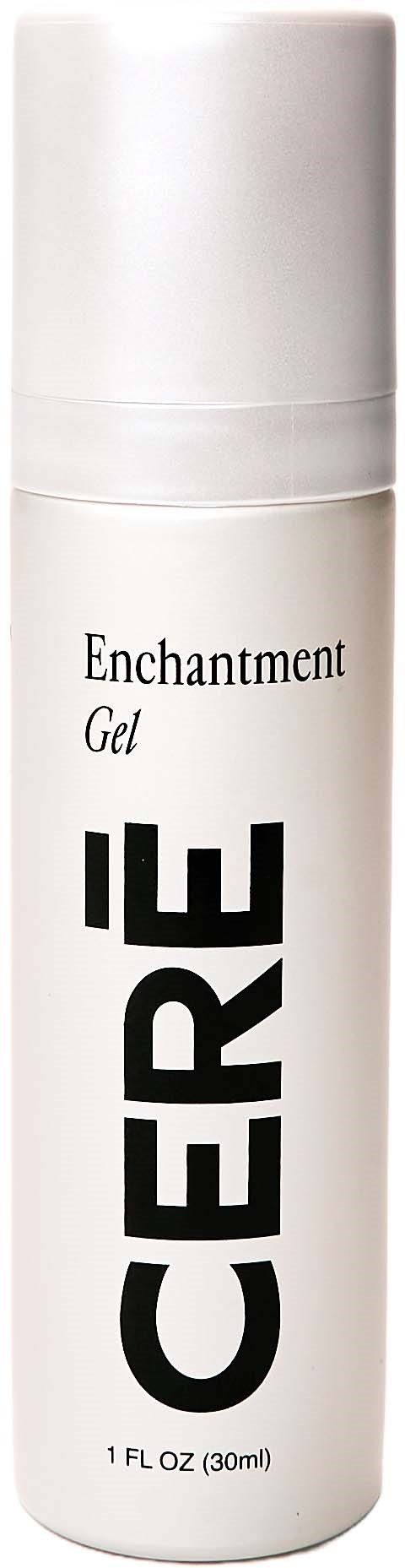 A white bottle labeled 'CERE' with 'Enchantment Gel' written on it, used for skincare or beauty.
