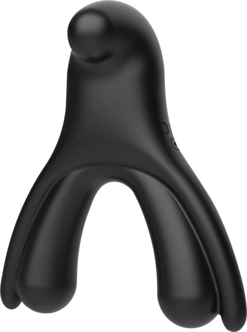 En svart ergonomisk enhet med en kurvig form, har en bulbös topp och ett stödjande arm, troligen en massager eller personlig enhet.