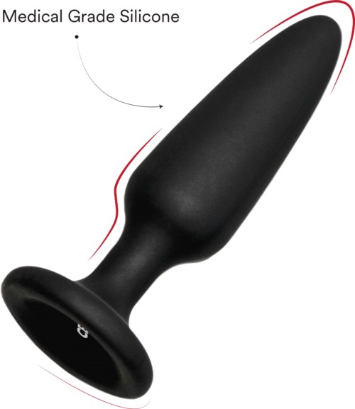 Black silicone object with a short, wide base and a tapered, curved end, labeled as medical grade silicone.