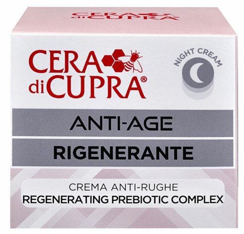 A box of night cream labeled 'Cera di Cupra Anti-Age Regenerating Prebiotic Complex' with a honey bee logo.