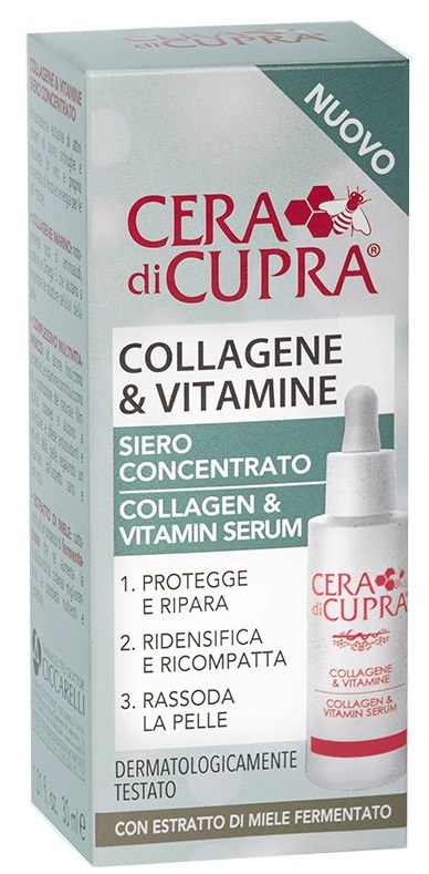 A box of serum with collagen and vitamins, featuring a dropper, text in Italian, and a red ant logo.