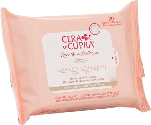 Pink wipe package with Italian text for facial and eye cleansing, containing 20 wipes, honey extract, and alcohol-free.