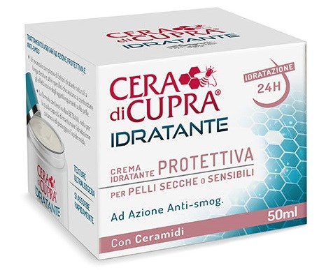 A white and blue box shows a moisturizing cream for dry or sensitive skin with ceramic ingredients, lasting 24 hours.