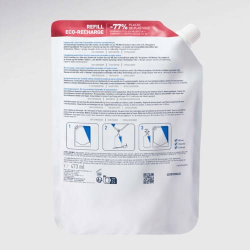 Refill pouch for cleaning product, with instructions and information printed on it.
