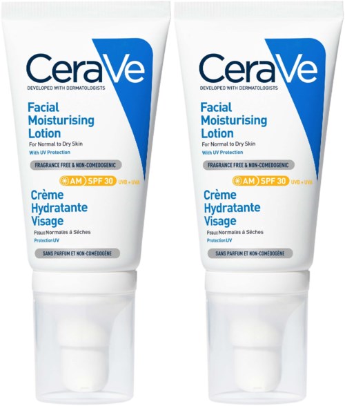Two tubes of CeraVe facial moisturizer with SPF 30 for dry skin, showing the product's label and design.