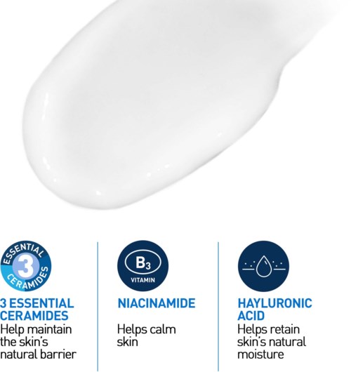 En illustration visar hudvårdsingredienser: ceramider, niacinamide och hyaluronsyra som hjälper huden att må bättre och behålla fukt.