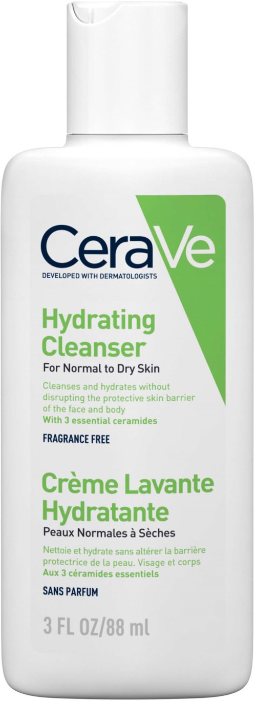 A white bottle of CeraVe Hydrating Cleanser for normal to dry skin. It has a green and blue label and contains 3 oz.