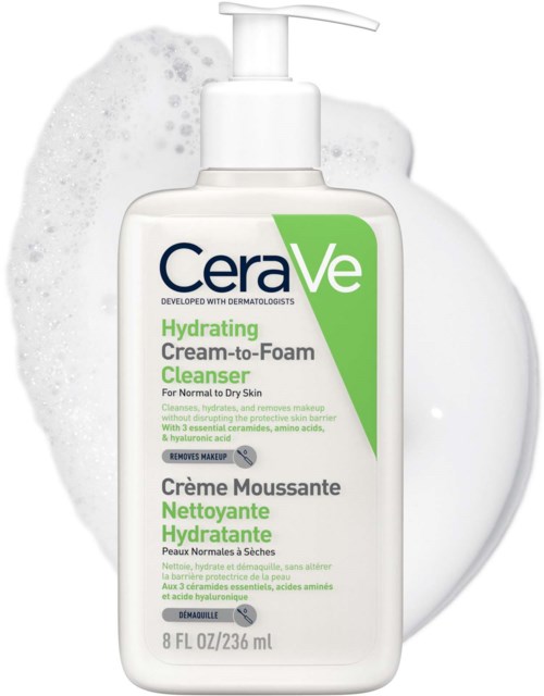 Biała butelka z pompką oznaczona CeraVe Hydrating Foam Cleanser dla skóry normalnej do suchej.
