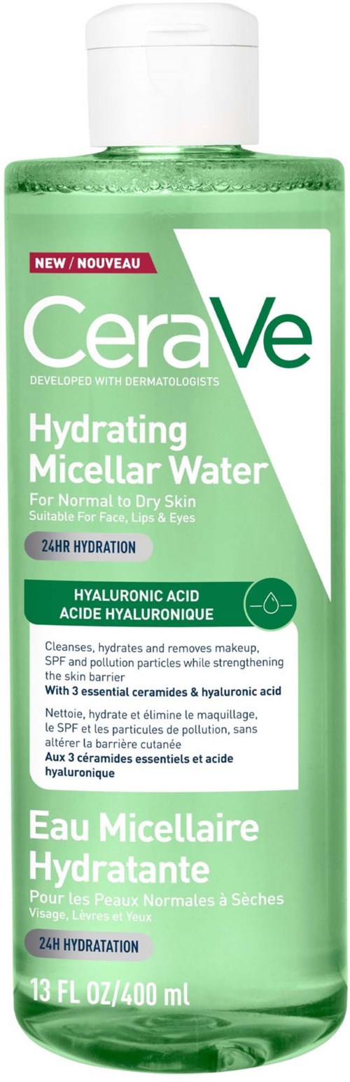 Grøn flaske med CeraVe Hydrating Micellar Water til normal til tør hud, med hvid top og etikettekniske detaljer.