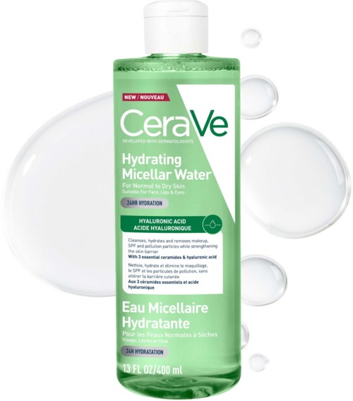 Grøn flaske med CeraVe Hydrating Micellar Water med produktinformation og ingredienser.