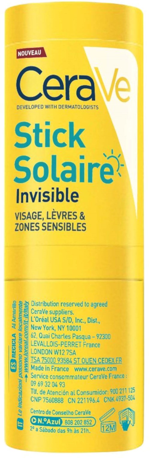 En gul tub med CeraVe solskyddsstift för ansikte, läppar och känsliga områden, märkt som osynlig och nytt.