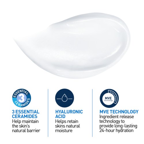 Label showing benefits of skincare ingredients: ceramides, hyaluronic acid, and MVE technology for hydration and skin barrier.